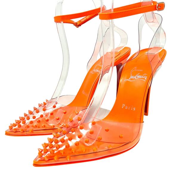 🔥 NWT Christian Louboutin Spikoo 100 Neon Fluo Orange PVC Spiked Heels 38.5 - Picture 1 of 13